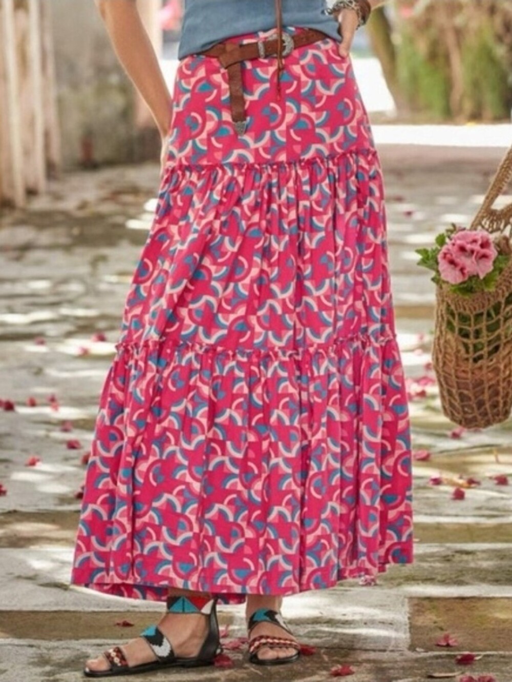 Sundance Iberia Pink Boho Flowy Artsy Tiered Maxi Skirt. Size Small (Flaw)